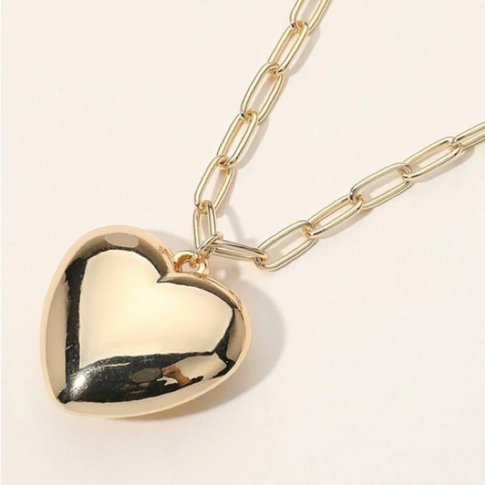 Gold Puffy Heart Long Necklace (8513)